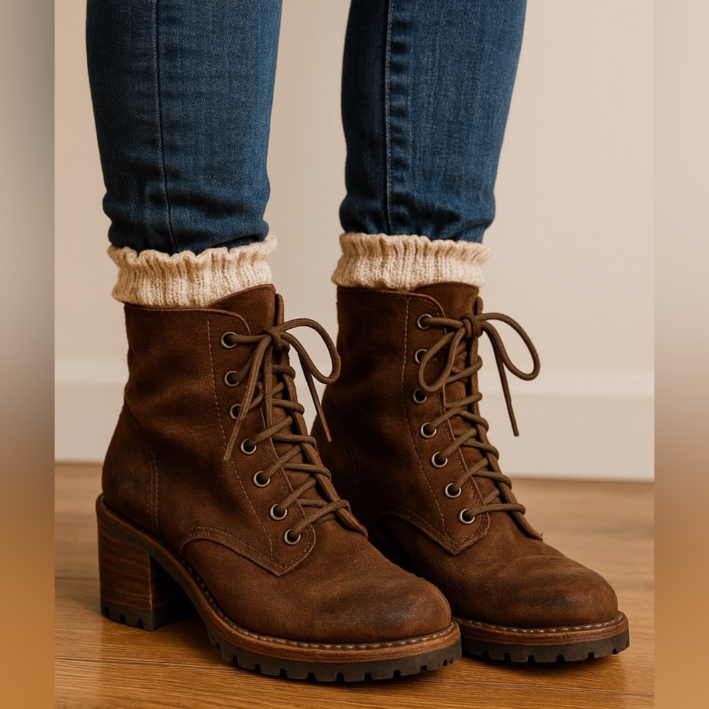 Frye Sabrina 6G Women’s Suede Lace-Up Block Heel Boots Brown 8.5 Rustic Boho